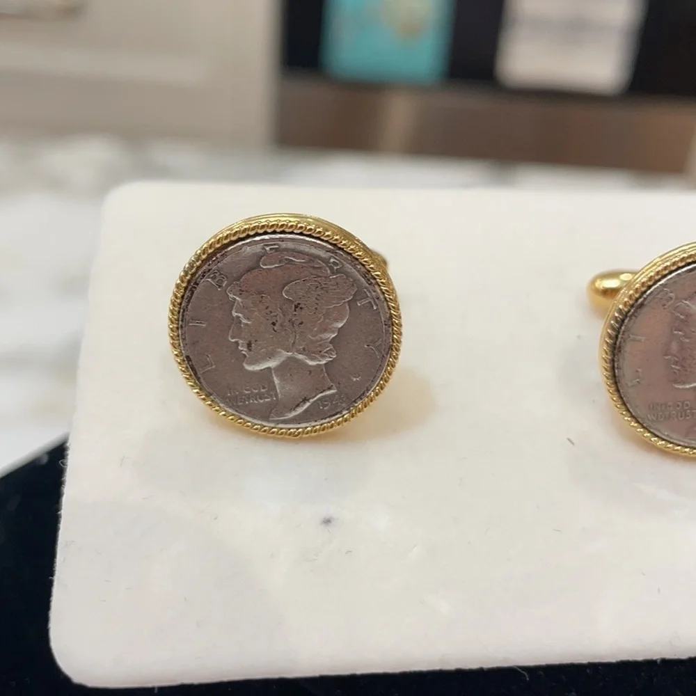 Gorgeous Silver Dime Cuff Links Gold Tone EUC!!